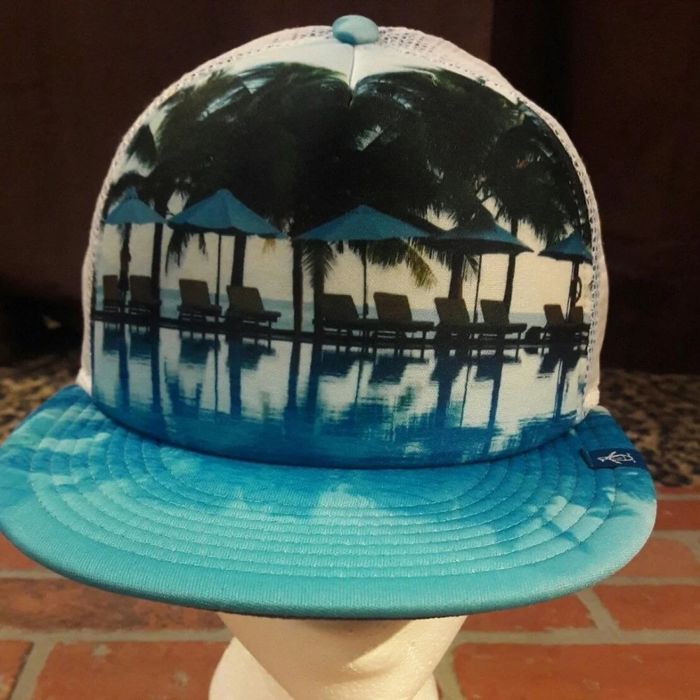 Penguin Palm trees Poolside Graphic Baseball Cap Mesh Trucker Blue Hat Resort - Picture 4 of 12